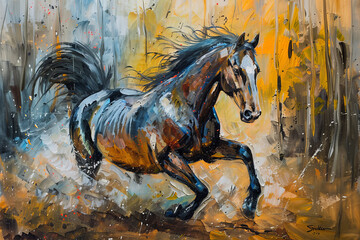 Beautiful oil painting of a running horse in nature