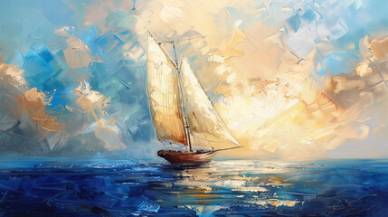 Oil painting of a sailing boat on open sea at sunset