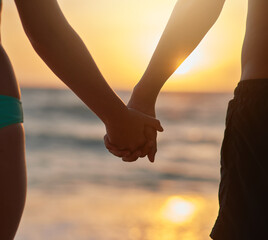 Couple, holding hands and together by ocean with love on tropical vacation, romantic getaway and...