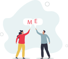 selfish businessman and businesswoman argue by shouting the word ME.flat vector illustration.