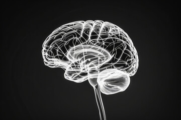 Photorealistic white outline of human brain on black background