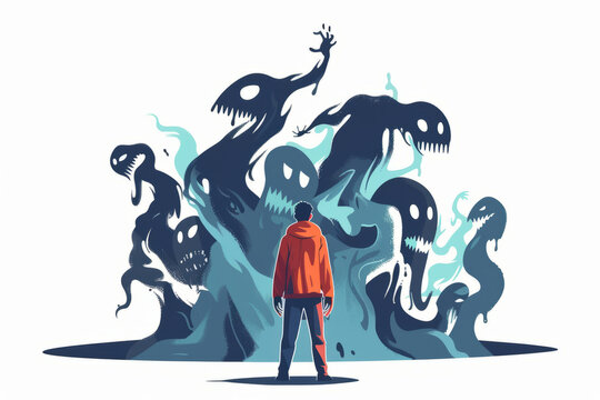 Person standing facing dark ominous monstrous figures