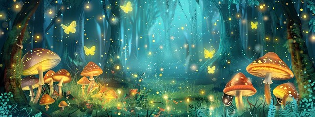 A magical, enchanted forest background with glowing mushrooms and fireflies.