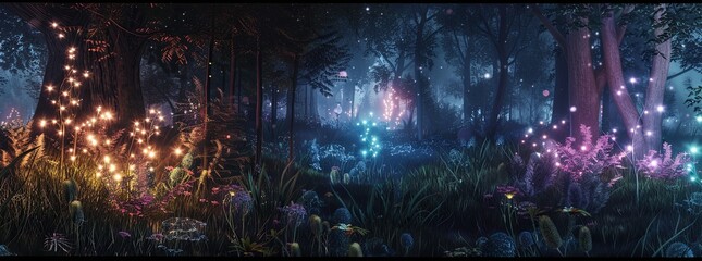 A magical forest with glowing plants, mythical creatures, and an ethereal atmosphere.