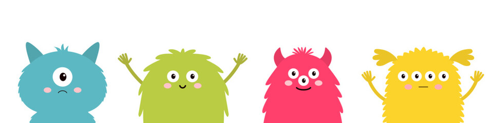 Happy Halloween. Monster set. Four colorful silhouette head face icon line. Eyes, tongue, tooth fang, hands up. Cute cartoon kawaii scary funny baby character. White background. Flat design. Vector