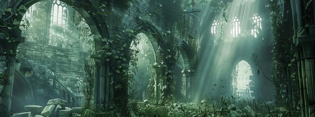 A mystical, ancient ruins background with overgrown vines and crumbling stones.
