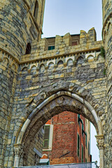 Remains of medieval city walls in Genoa, Italy.
