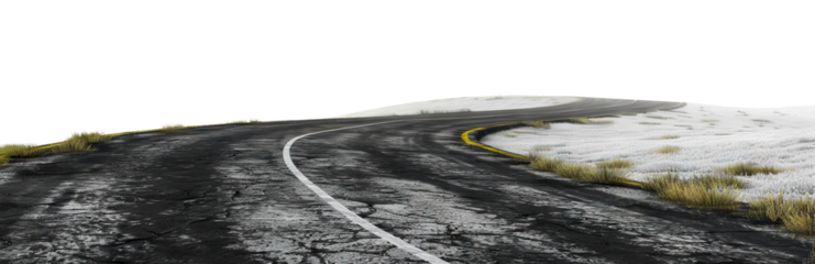 Desolate winding road through foggy countryside, cut out