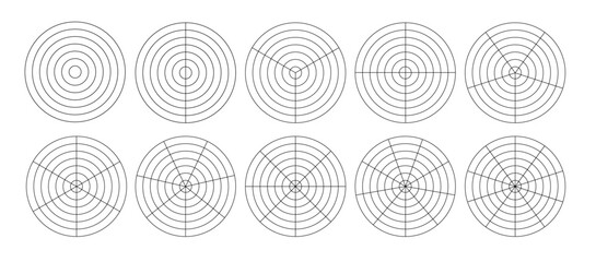 Polar grid concentric circles and steps. Blank vector polar graph paper. Radar circular graph screen. Grid with concentric circles diagram. Vector