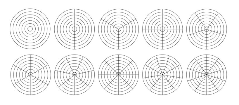 Polar grid concentric circles and steps. Blank vector polar graph paper. Radar circular graph screen. Grid with concentric circles diagram. Vector