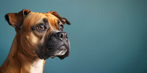 Closeup of an attentive Boxer dog gazing away on a blue background, showcasing expressive eyes and detailed fur texture, highlighting the unique look of this beloved pet