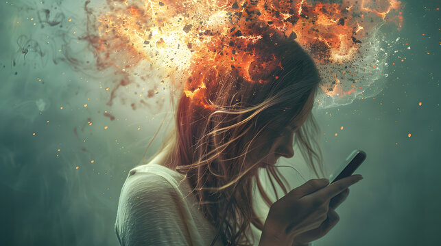 powerful visual metaphor of social media addiction, with a young woman's head bursting open from the pressure of excessive information.information illustrated by a young woman's brain exploding . - Powered by Adobe