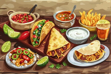Mexican food on wood background, tacos,quesadillas,enchiladas, vector style