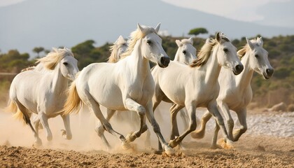 Fototapeta premium A Stunning Herd of White Horses in Full Sprint