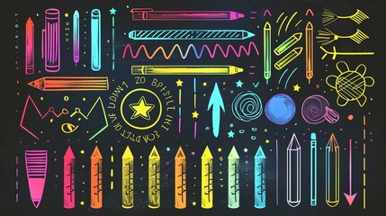 Obraz premium A set of highlighters and sketches, with lines, symbols, arrows, rounds, punctuation marks, strokes and strikethroughs in a handdrawn style A school board Modern set