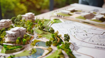 Architectural plans with landscape design on the desk Top view