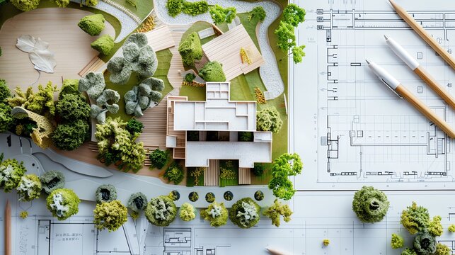 Architectural plans with landscape design on the desk Top view