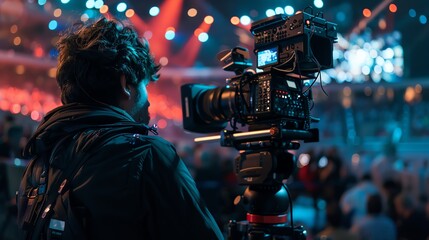 Fototapeta premium During the recording of a live event or live production, a cameraman is photographed over his shoulder