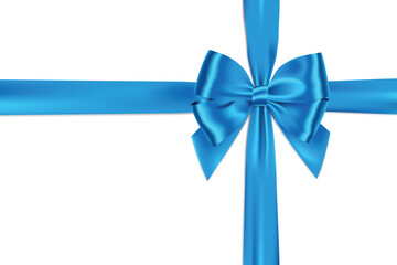 Blue bow and ribbon shiny satin realistic with shadow for decorate your greeting card or website vector isolated on white background.