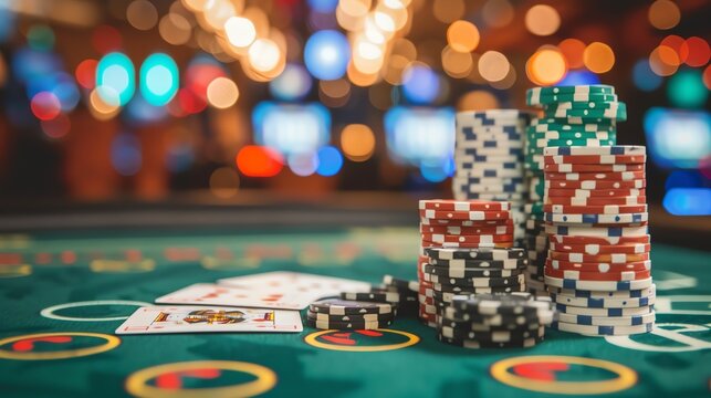 Gaming flat lay Closeup of cards on a gaming table in a casino against a background of chips Background for a gaming business