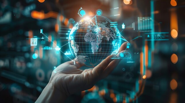 Hand presenting a holographic globe with economic growth charts symbolizing global business trends and data analysis