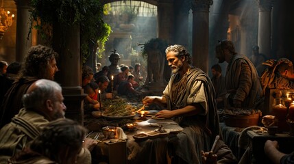 Captivating image of an ancient Roman or Greek feast happening in a traditional hall with people dining, engaging and socializing