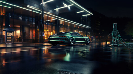 Fototapeta premium The image captures a sleek electric car charging at a station on a glossy wet surface, reflecting city lights