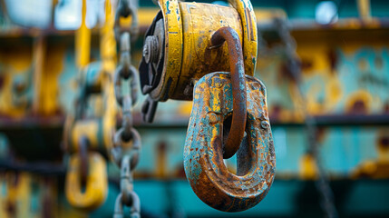 A detailed shot of a crane hook, focusing on the metal, pulleys, and cables.