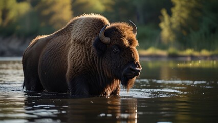 closeup wild buffalo in river