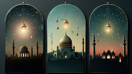 Three panels show peaceful mosque silhouettes under a starry night sky with lanterns