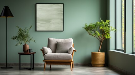 Fototapeta premium A modern living room setup featuring a comfortable armchair, indoor plants, and minimalist decor