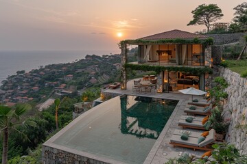 Fototapeta premium Luxurious hillside villa with an infinity pool overlooking the ocean at sunset, creating a serene and picturesque retreat