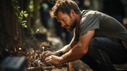 A man engages in the outdoor survival skill of making fire with sparks flying around in a forested area