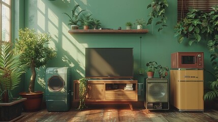 home appliances stand on the floor with green background
