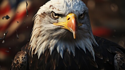 Obraz premium This detailed image captures the intense gaze of a bald eagle, highlighting its sharp beak and textured feathers