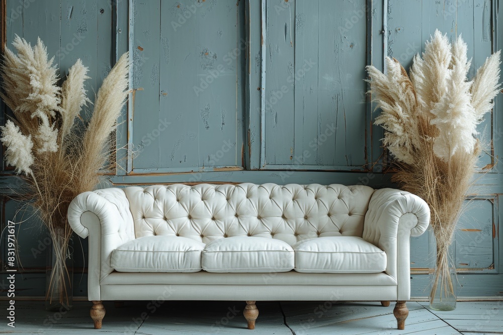 Poster rustic setup with a white tufted sofa and pampas grass against a teal wall, creating a cozy and ecle