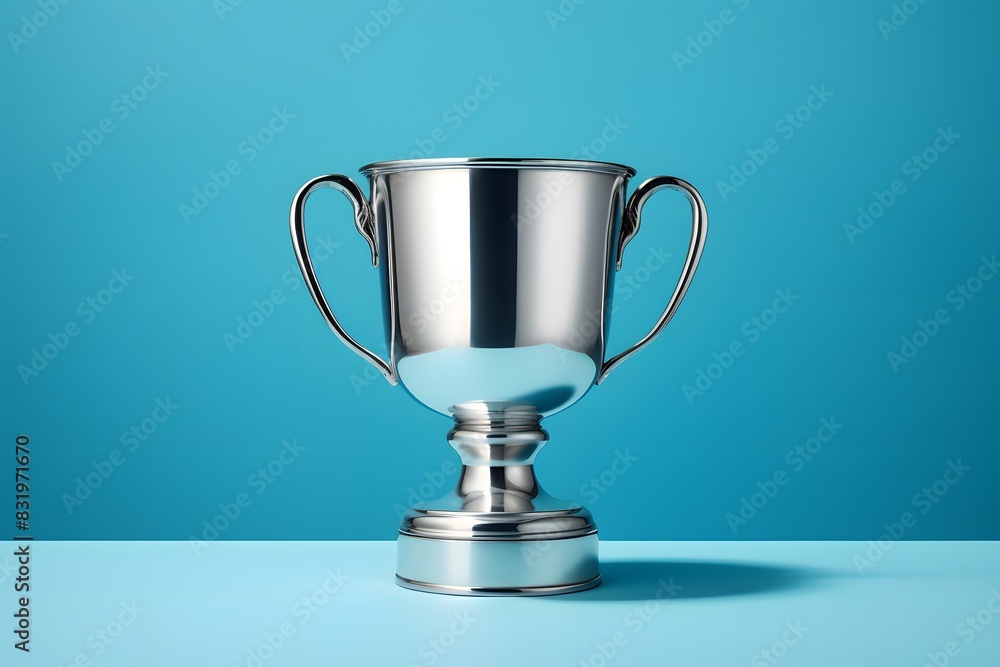 Fototapete shiny silver trophy with an elegant base, standing against a blue background. the cup is adorned wit