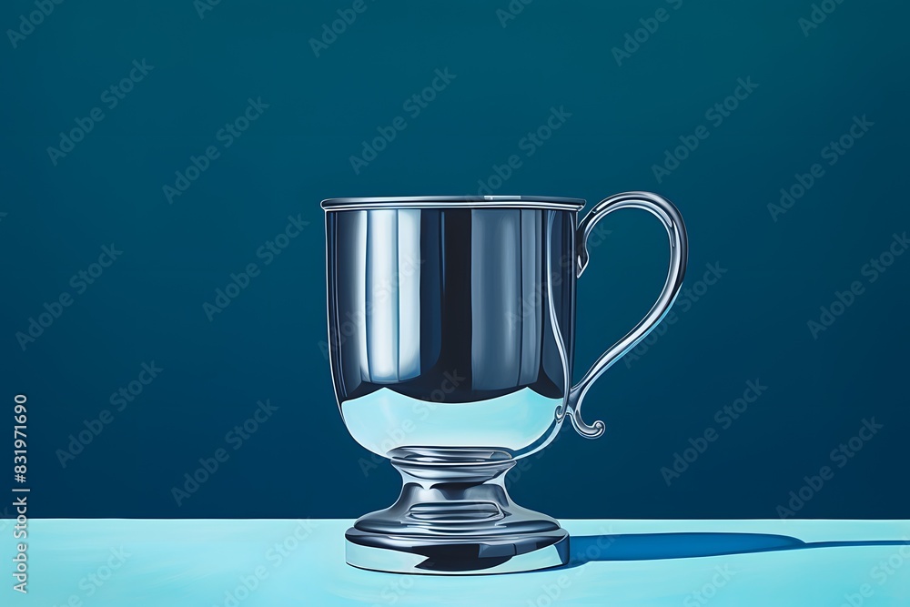 Fototapete shiny silver trophy with an elegant base, standing against a blue background. the cup is adorned wit