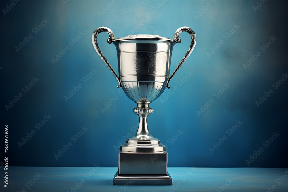 Fototapete shiny silver trophy with an elegant base, standing against a blue background. the cup is adorned wit