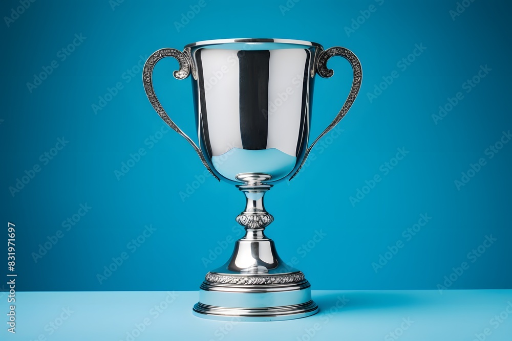 Fototapete shiny silver trophy with an elegant base, standing against a blue background. the cup is adorned wit