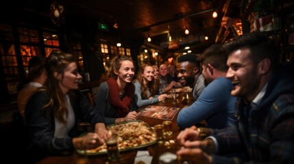 Group of friends sharing a laugh over food at a lively pub, capturing a moment of genuine happiness and camaraderie