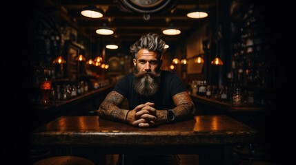 A stylish bearded man with tattoos sits confidently at a dark atmospheric bar, looking into the camera