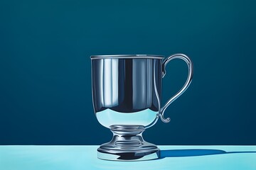 Shiny silver trophy with an elegant base, standing against a blue background. The cup is adorned with intricate designs and features two hands holding the handle at its top. It has been decorated.