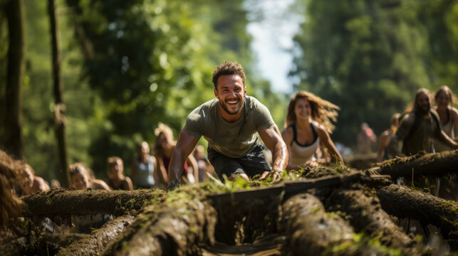 Exhilarated man leads a group in an outdoor obstacle course, embodying determination and adventure in a natural setting