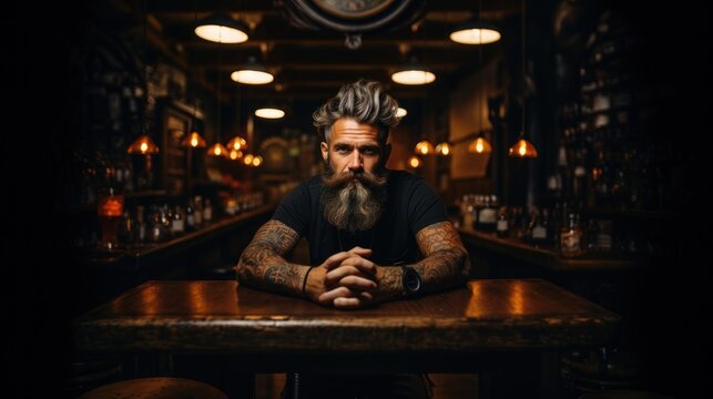 A stylish bearded man with tattoos sits confidently at a dark atmospheric bar, looking into the camera