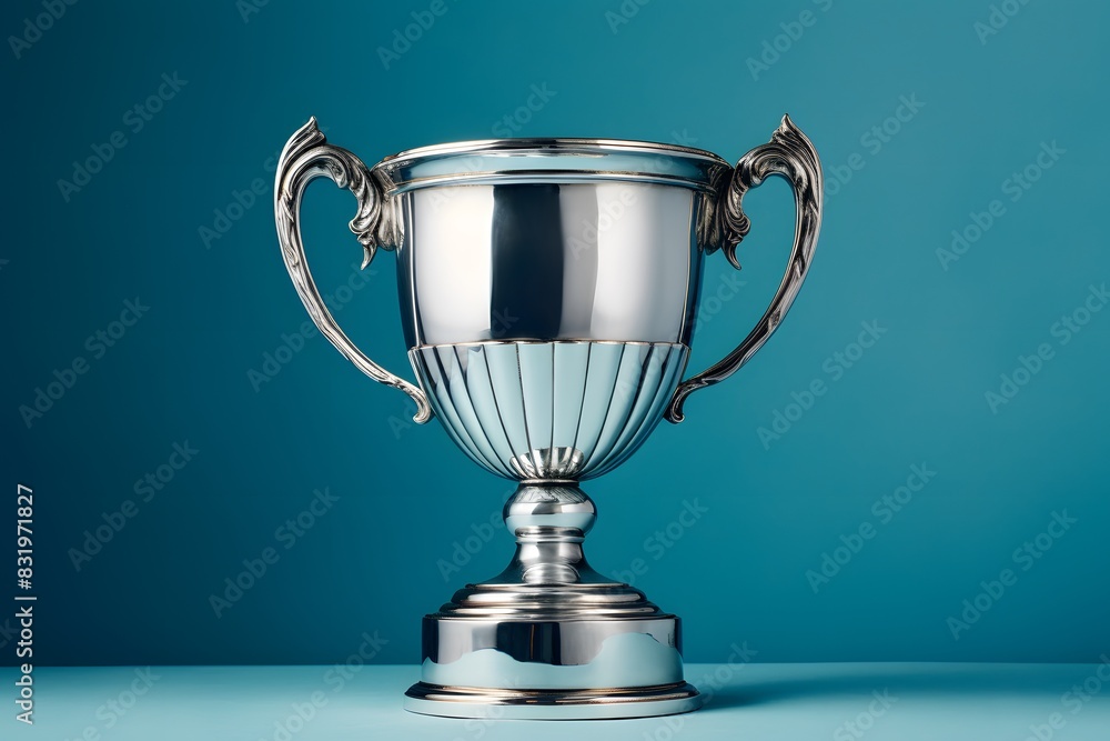 Fototapete shiny silver trophy with an elegant base, standing against a blue background. the cup is adorned wit