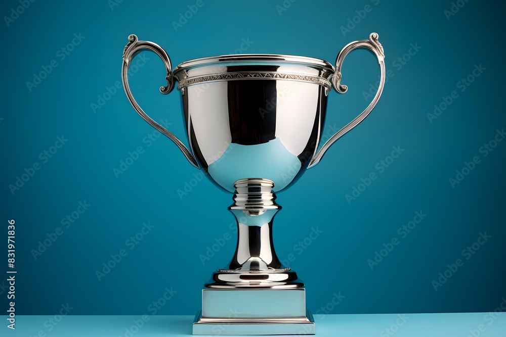 Fototapete shiny silver trophy with an elegant base, standing against a blue background. the cup is adorned wit