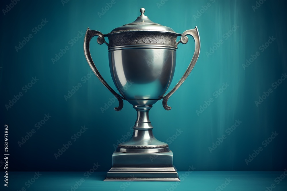 Fototapete shiny silver trophy with an elegant base, standing against a blue background. the cup is adorned wit