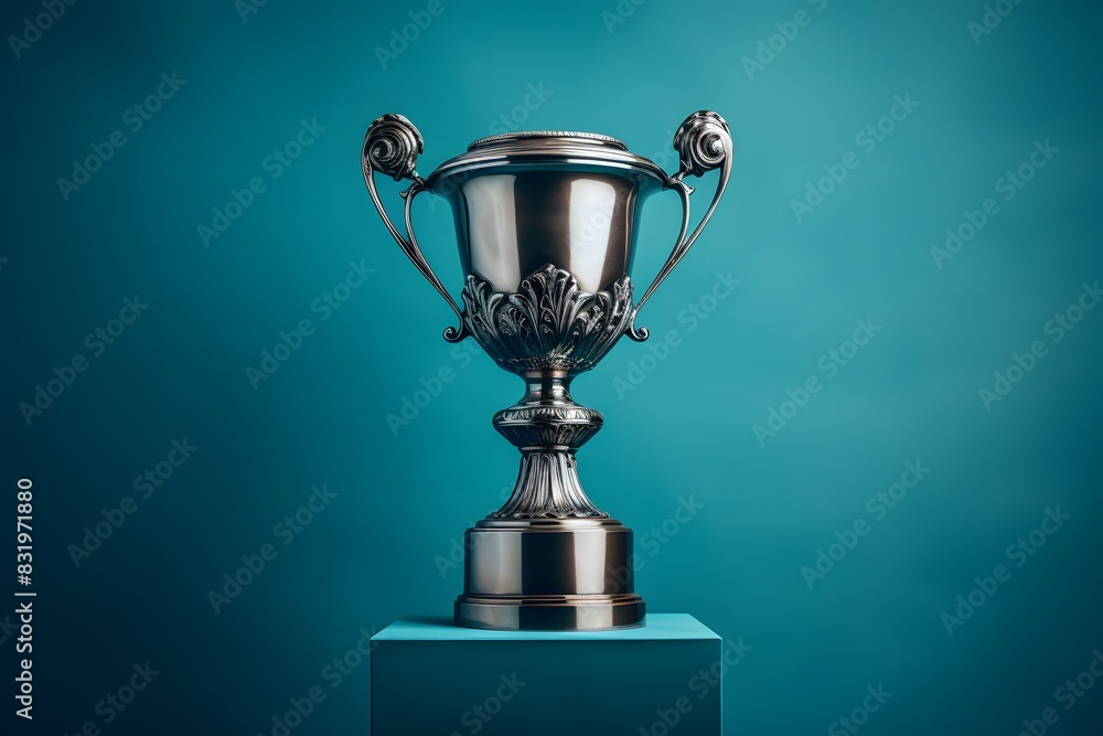 Fototapete shiny silver trophy with an elegant base, standing against a blue background. the cup is adorned wit
