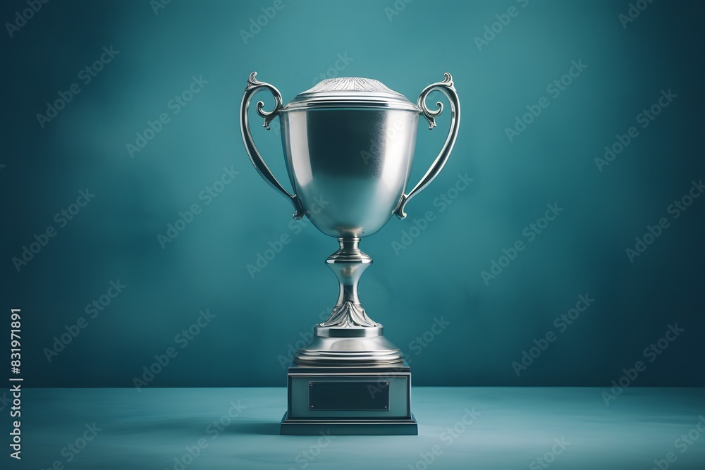 Fototapete shiny silver trophy with an elegant base, standing against a blue background. the cup is adorned wit
